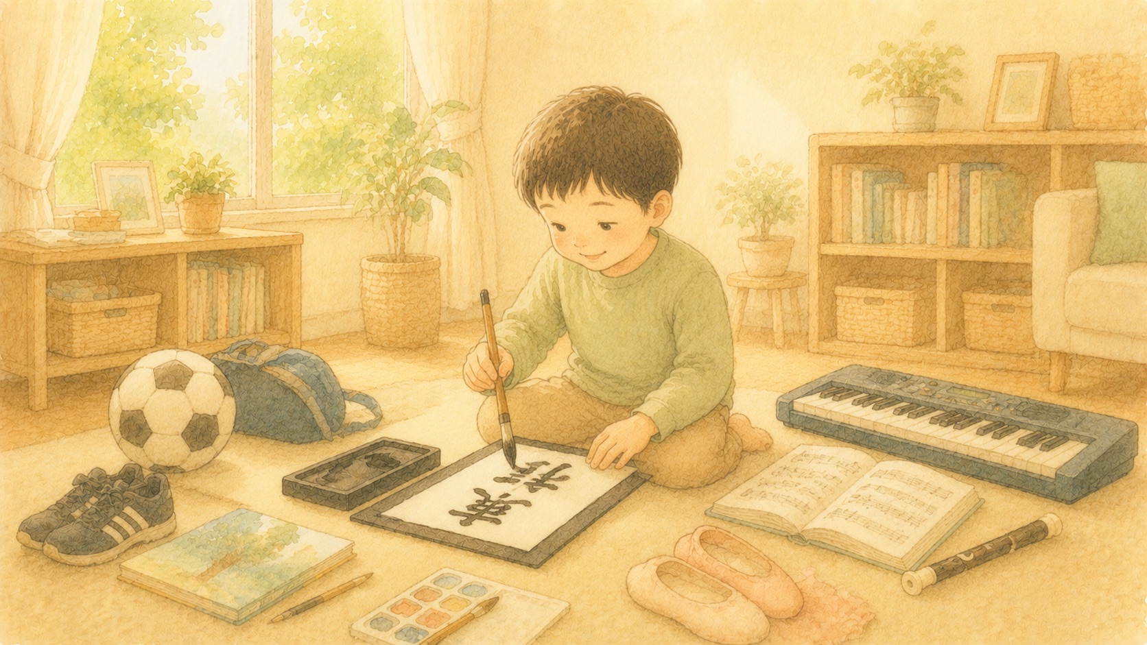 書道・サッカー・キーボードに取り組む3兄弟のイラスト