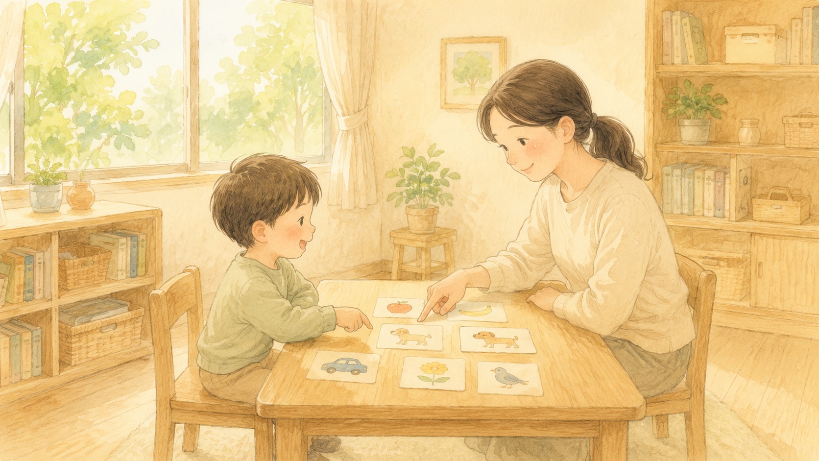 先生と1対1で言葉のレッスンを受ける男の子